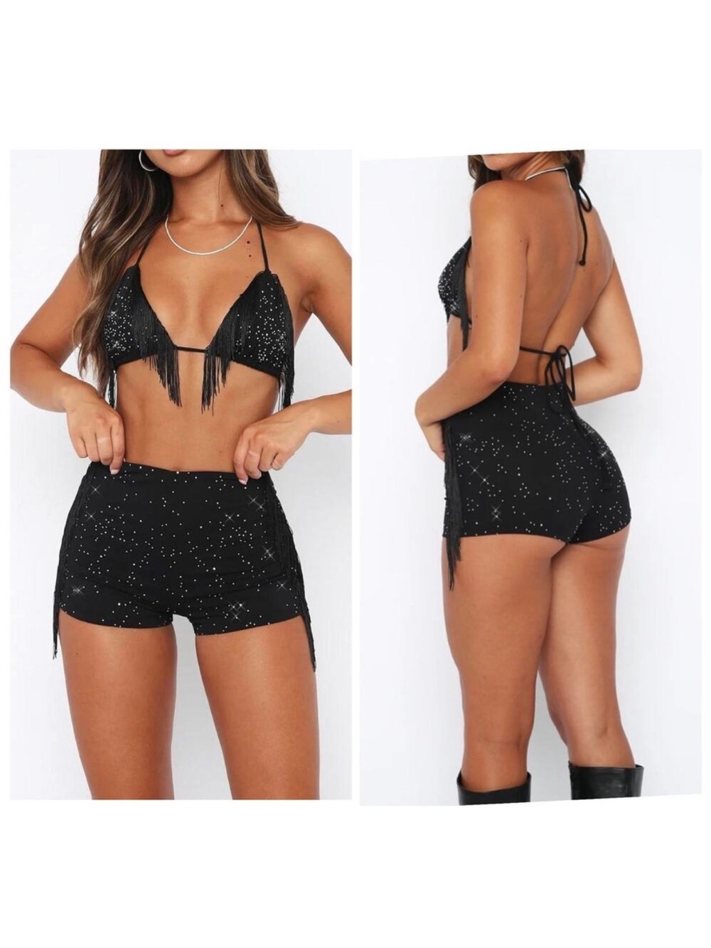 White Fox Fringe Matching Set Shorts Triangle Top Rhinestone Black Medium